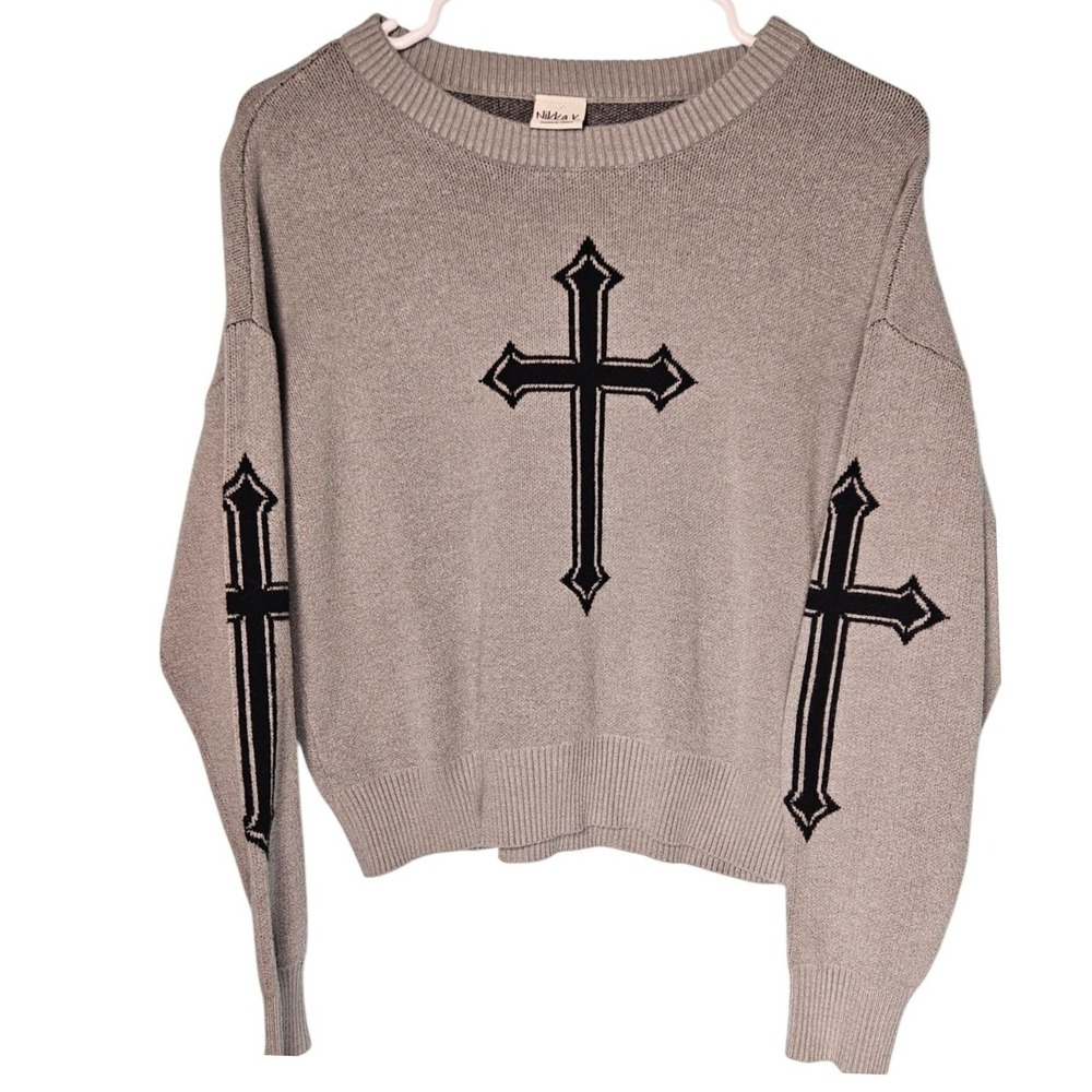 Nikka K Womens Gothic Cross Knit Sweater Gray‎ Size L Edgy Witchy Soft Grunge